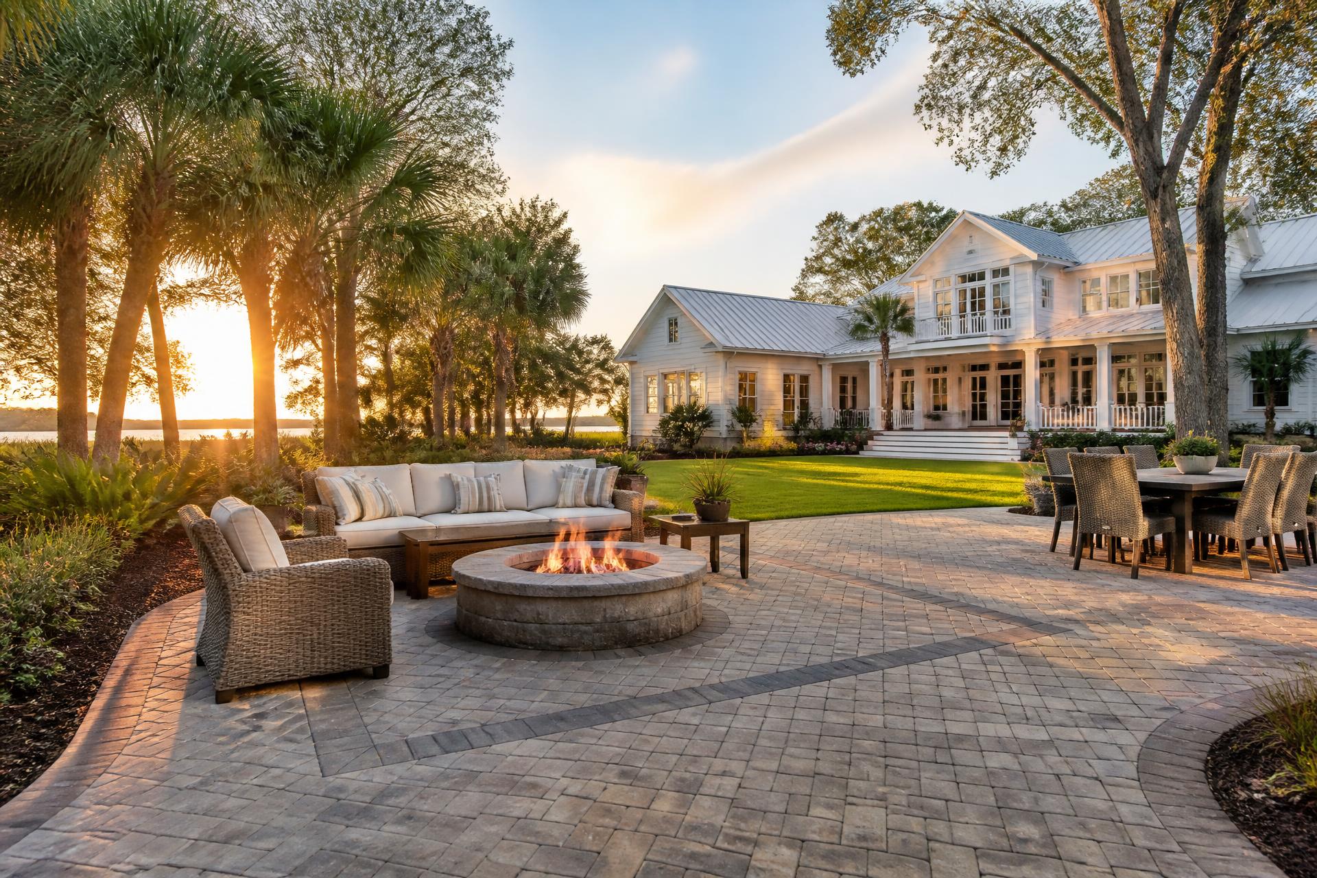 Custom paver patio with fire pit beside a coastal home in Hilton Head, South Carolina